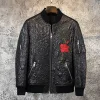 Mens Fashion Casual Short Wide-Waisted Spliced Embroidery Genuine Leather Jackets O-Neck Zippers Pockets Sheepskin Coat