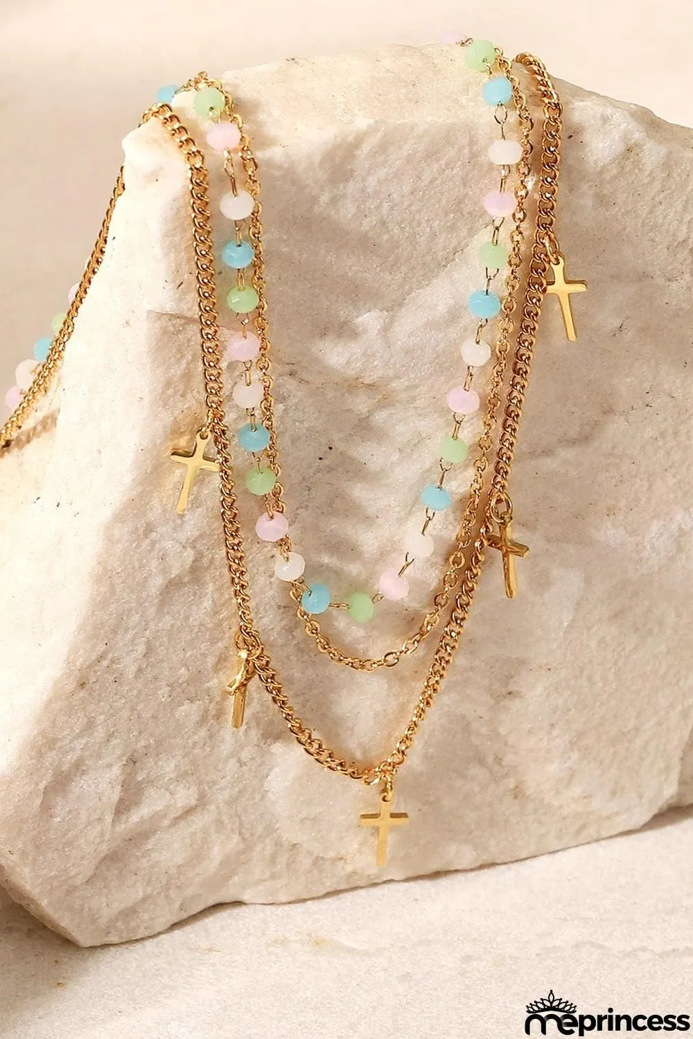 18K Gold Plated Cross Pendant Triple-Layered Necklace