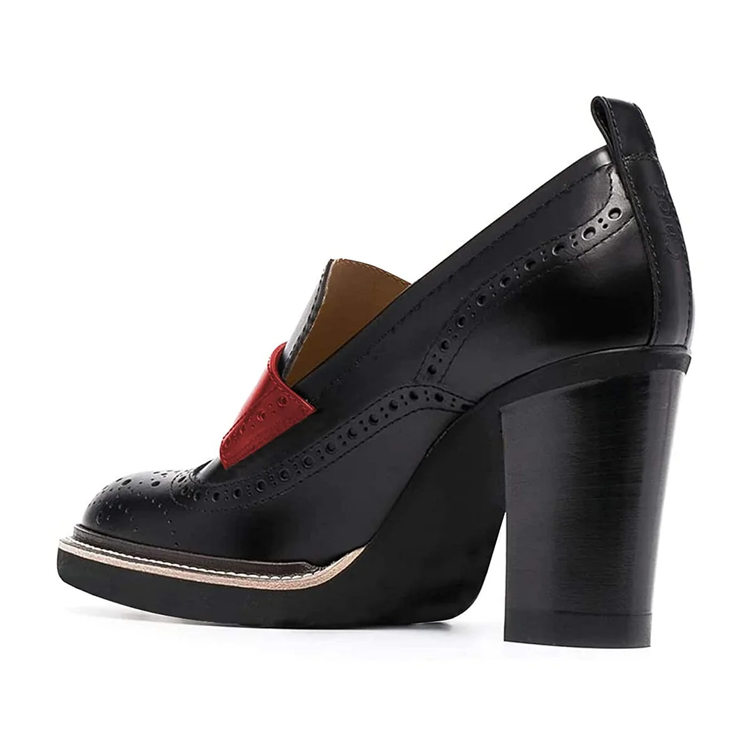 Black Brogue Style Round Toe Women's Loafers with Chunky Heels