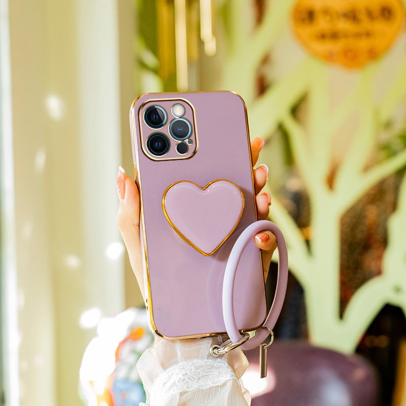2022 New Cute Fashion Plating Heart Pop Socket Soft Case With Loop for iPhone