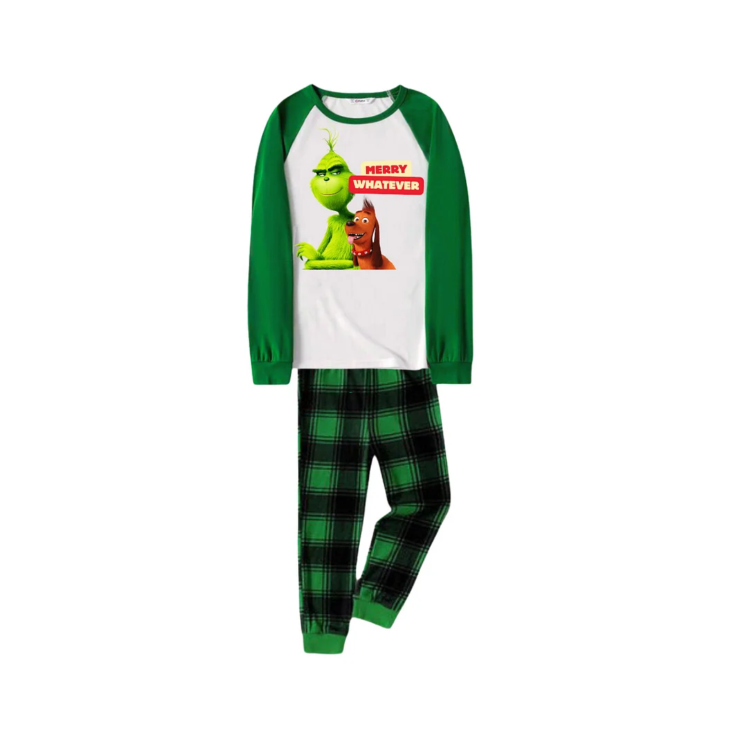 Cartoon Pattern and "Merry Whatever" Printed Green Plaid Long Sleeve Christmas Family Pajamas