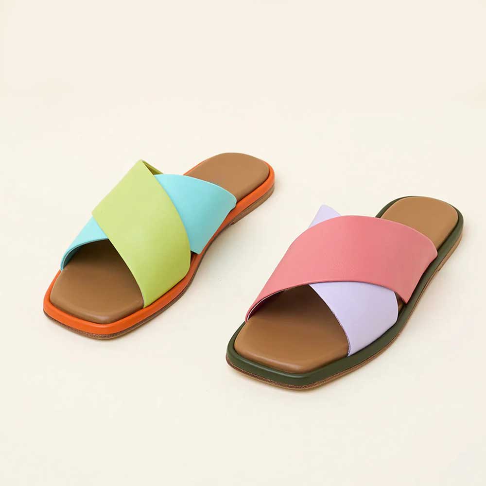 Multi-Color Square Toe Cross Strap Slip On Flat Sandals for Women Nicepairs