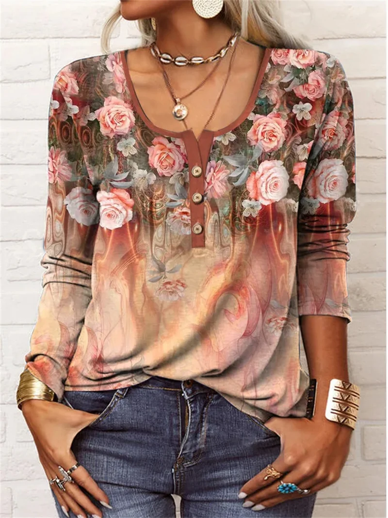 Oil Painting Flowers Print Long Sleeve Button T-shirt