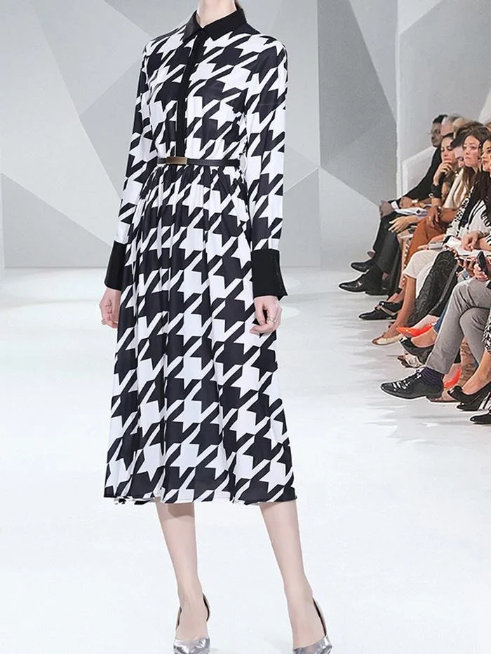 Fashion Lapel Long Sleeve Printed Dress