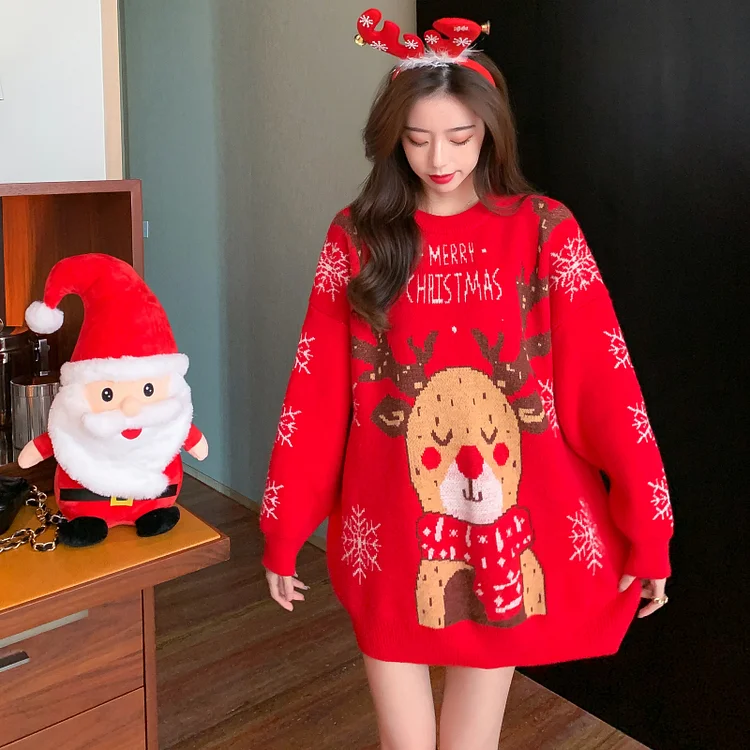Christmas Elk Sweater Loose Lazy Style Knit Long Sleeve Round Neck Top
