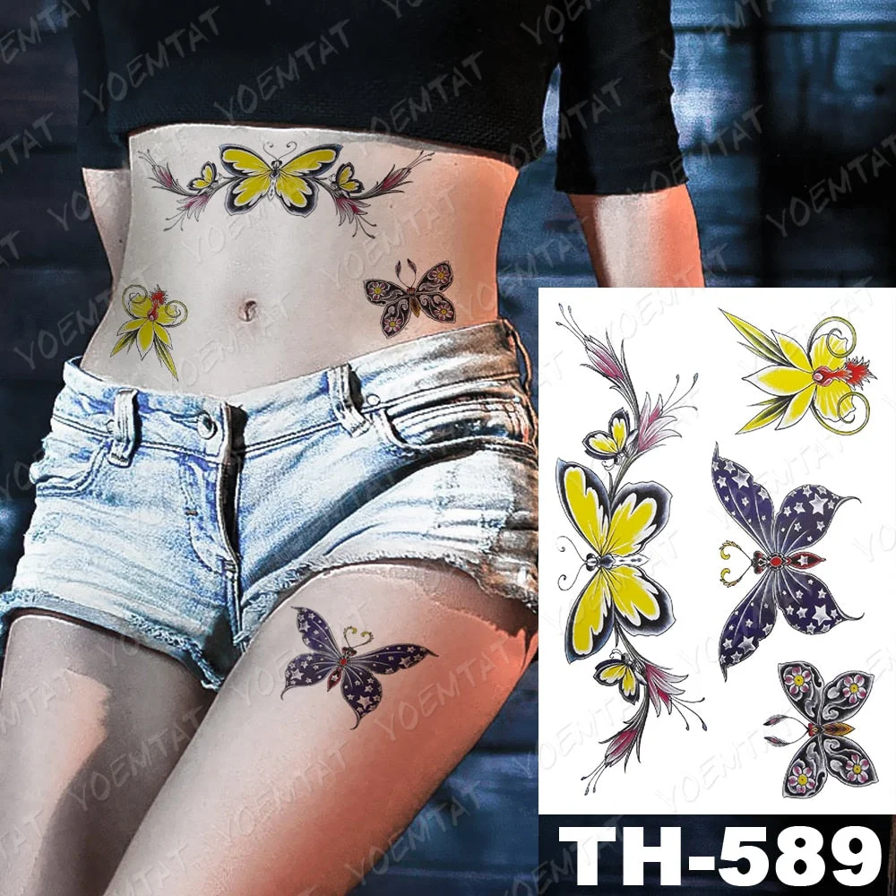 Temporary Tattoos Sticker For Women Body Art Tattoo Sticker 3d Butterfly Rose Flower Feather Tattoo Waterproof Halloween Gift