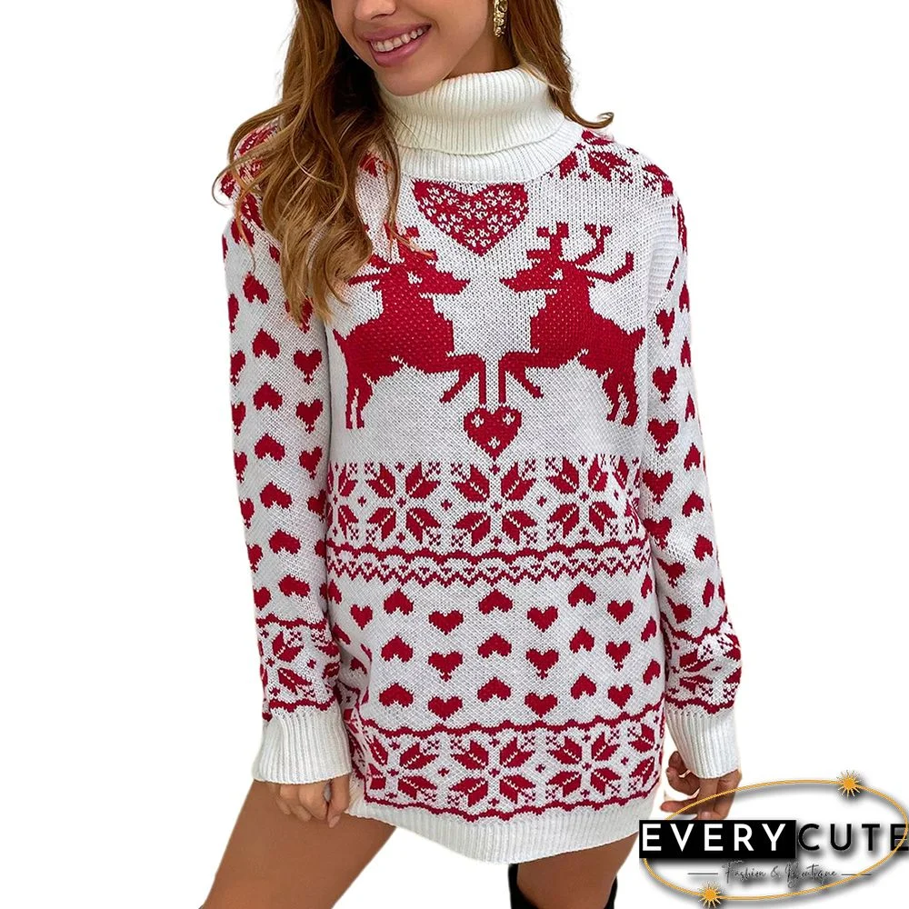 Red High Collar Elk Heart Sweater Dress