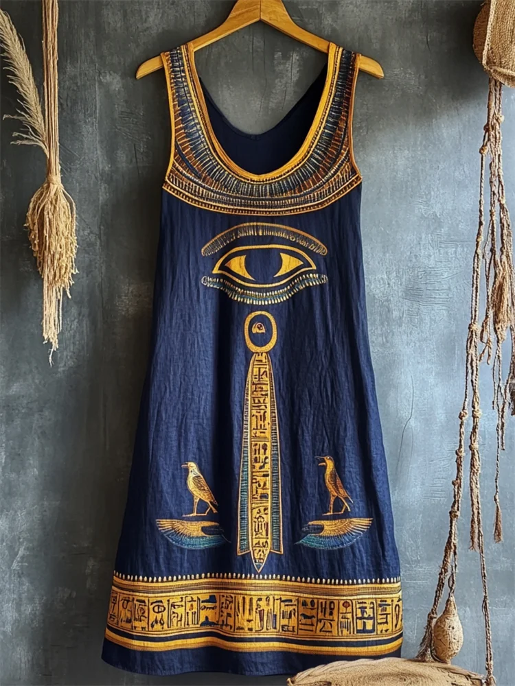 Eye Of Horus Ancient Egyptian Embroidered Linen Tank Dress