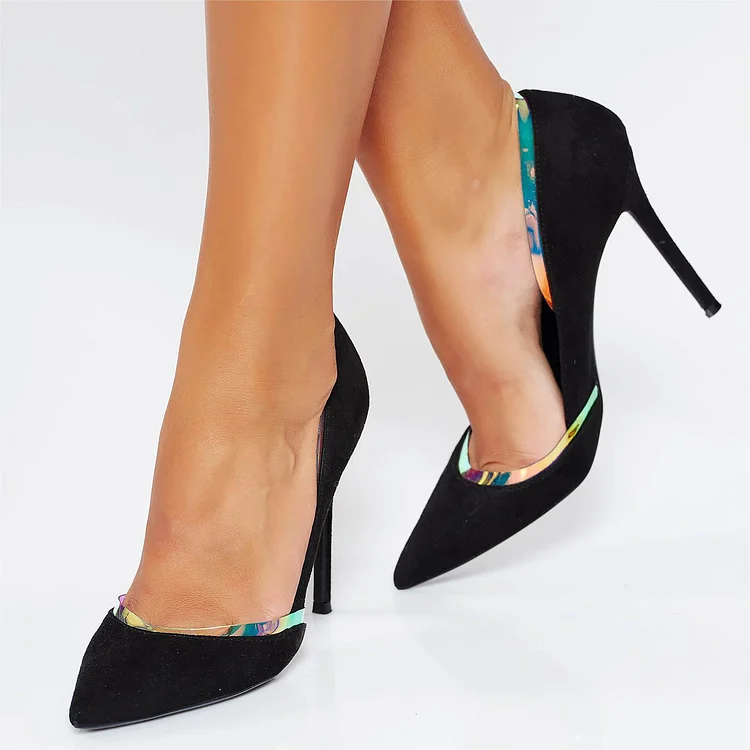 Holographic Trim Pointed Toe Stiletto Heel Pumps in Black |FSJ Shoes