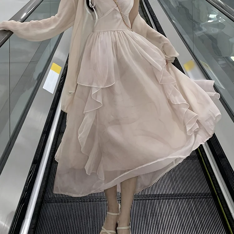 Solid Tie Strap Dress, Casual Tulle Ruffle Trim A-line Dress For Spring & Summer, Women's Clothing
