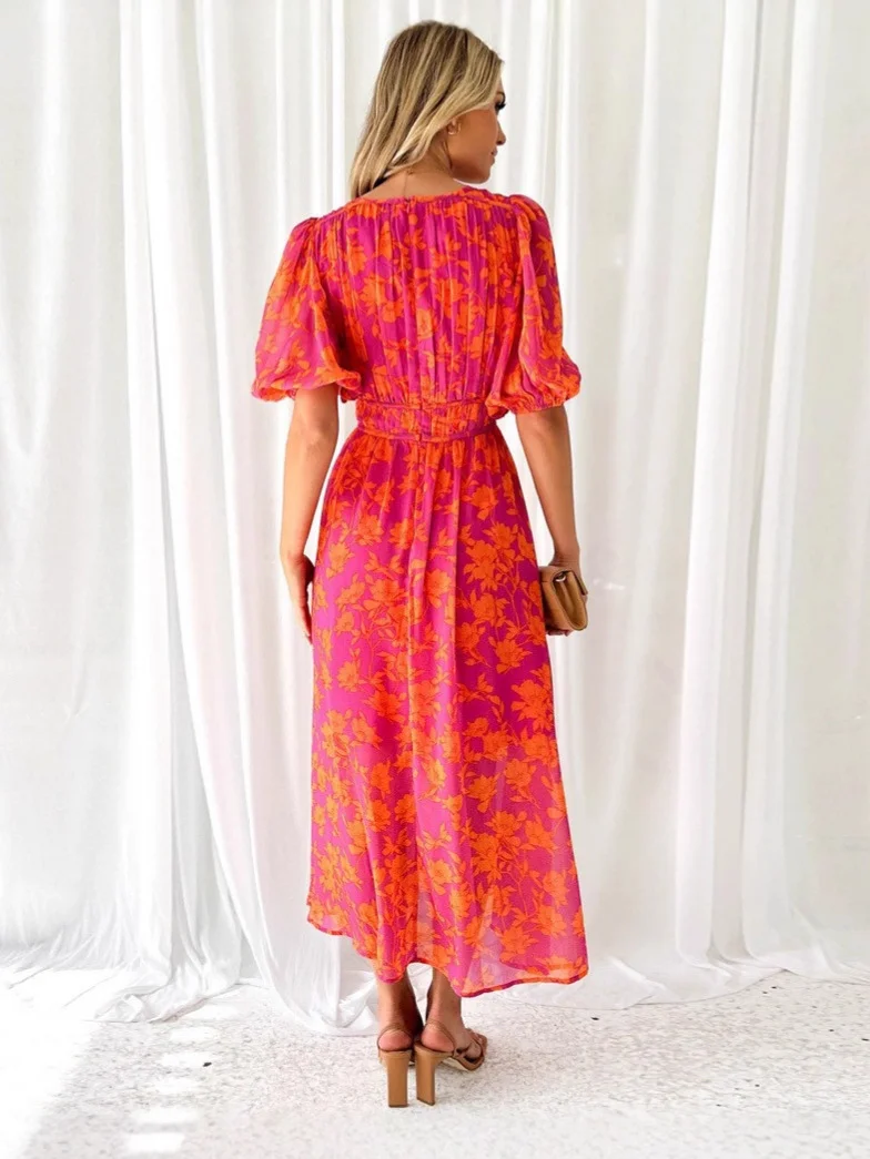 Athvotar Athvotar Summer Print V-Neck Sexy Bohemian Bubble Sleeve Holiday Beach Dress