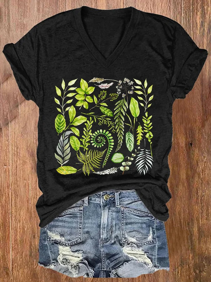 Green Leaves Print Women's V-neck T-shirt