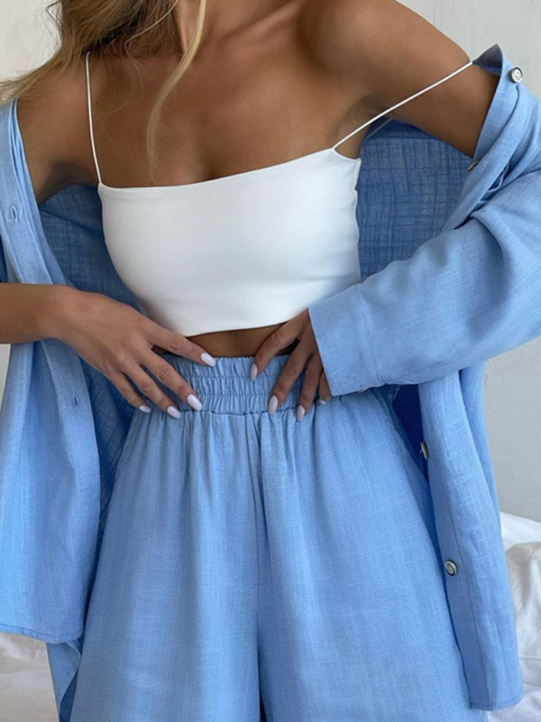 Mature Women Casual Summer New Solid Color Single Breasted Long Sleeve Lapel Shirt Shorts Loose Suit