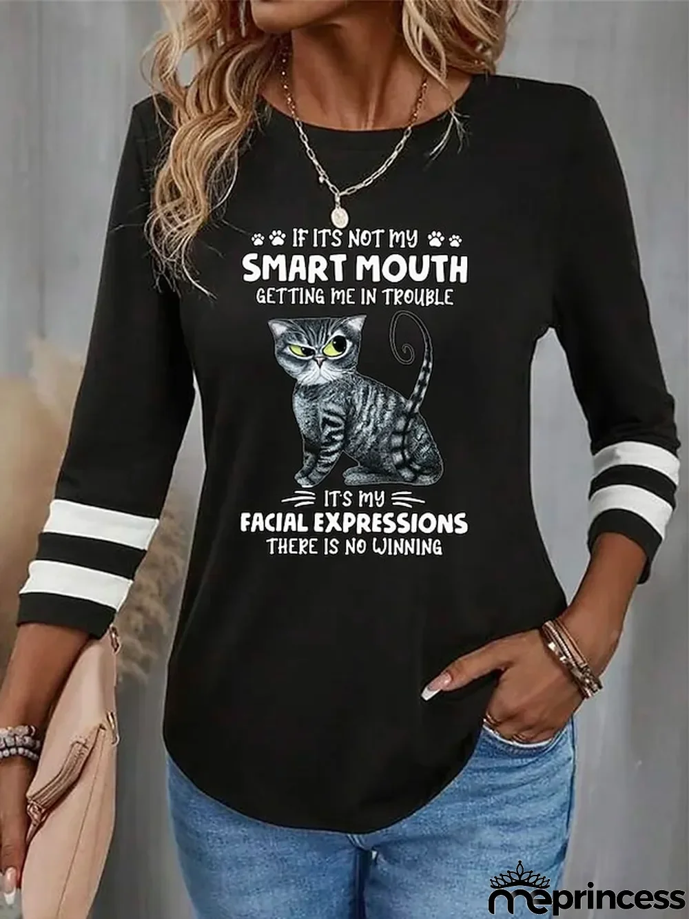 Women's T shirt Tee Cat Letter Daily Weekend Black Red Blue Print Long Sleeve Fashion Funny Round Neck Regular Fit Spring & Fall