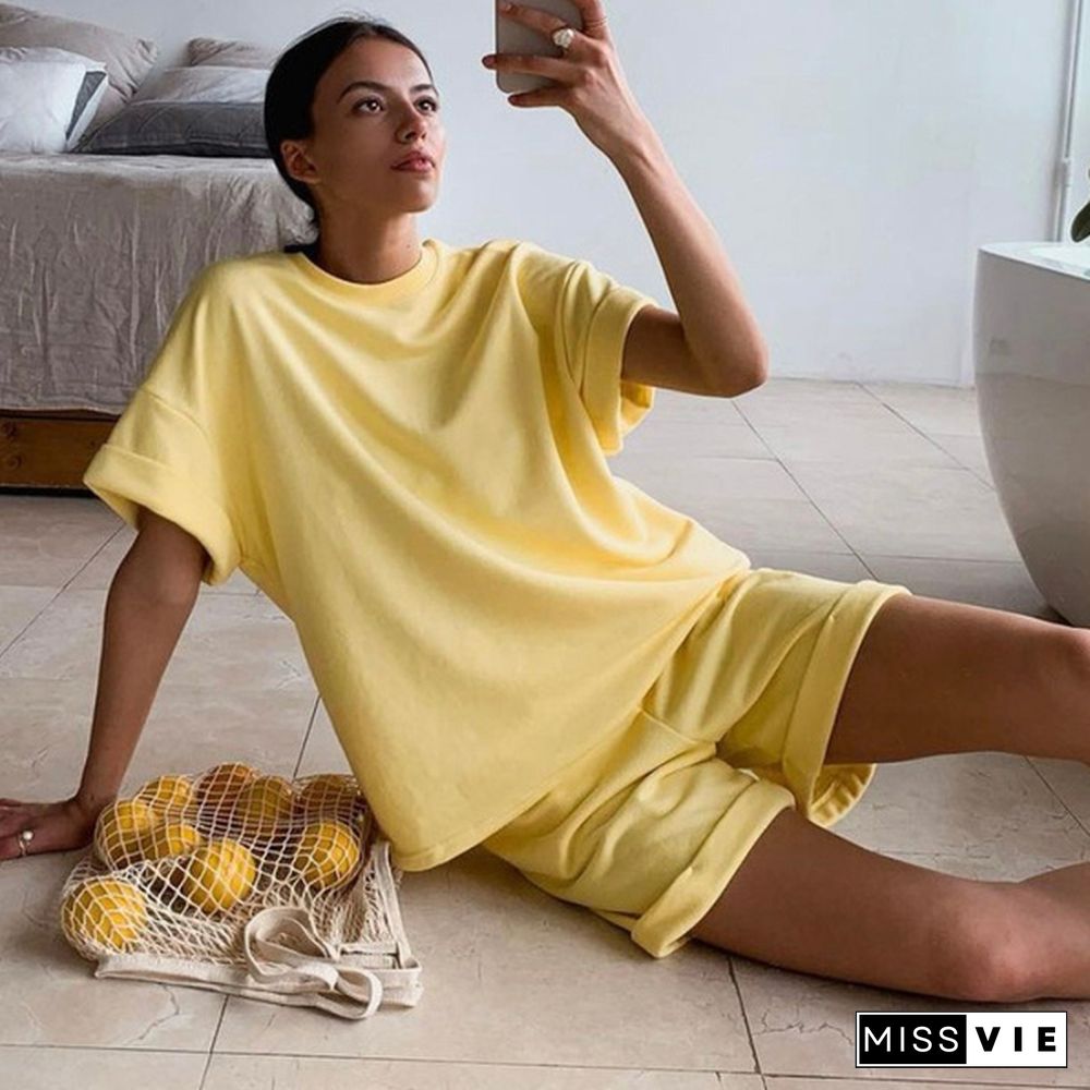 Summer Cotton Sets Women Casual Two Pieces T Shirts and Elastic Waist Shorts Pants Loose Soft Tracksuit