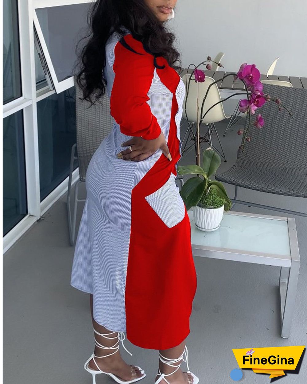Colorblock Button Pocket Design Shirt Long Dress