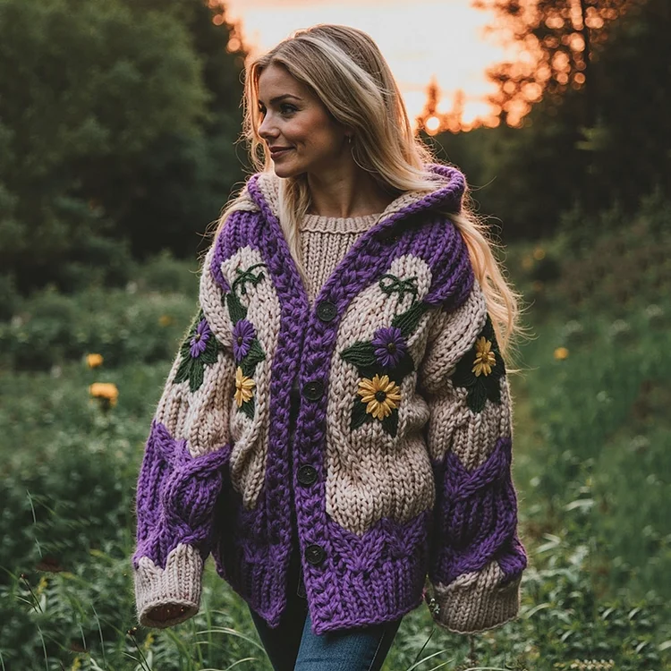 Women's Vintage Purple Flowers Gradient Chunky Knit Hooded Cardigan
