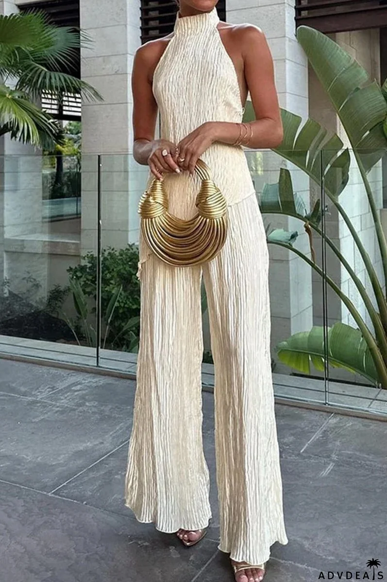 Casual Simplicity Solid Fold Asymmetrical Halter Sleeveless Two Pieces