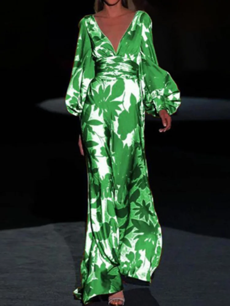 Stylish V-neck Sexy Party Print Long Sleeve Elegant Maxi Dress