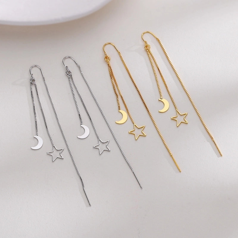 Korean Style Personalized Simple Long Tassel Star Moon Earrings Light Luxury Slimming Hollow Star Moon Earrings Internet Popular Earrings