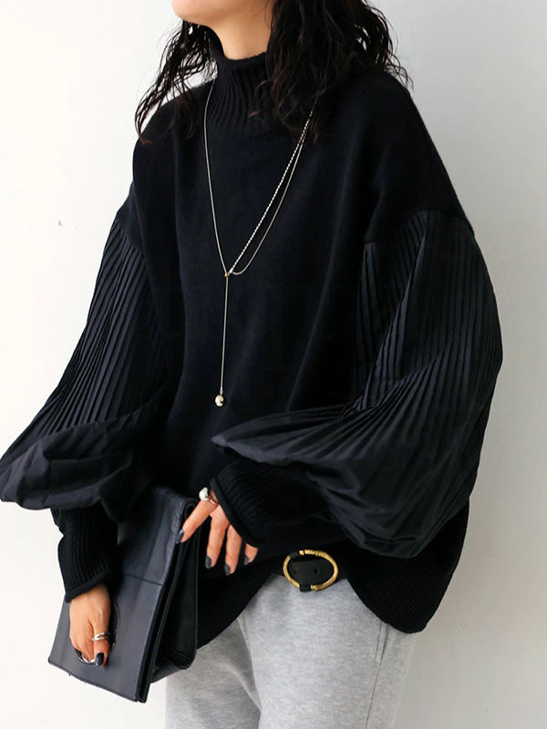 Pleated Bishop Sleeve Patchwork Turtleneck Loose Sweater