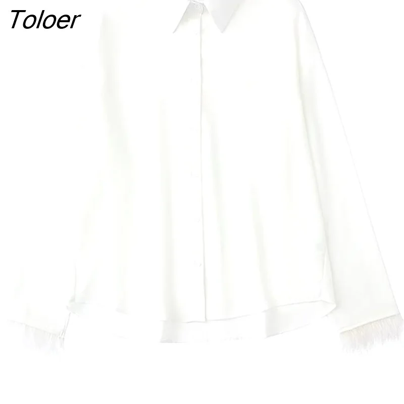 Toloer 2023 Women Solid Feather Decorate Shirt Blouse Long Sleeve Chic Female Office Lady Tops 202308