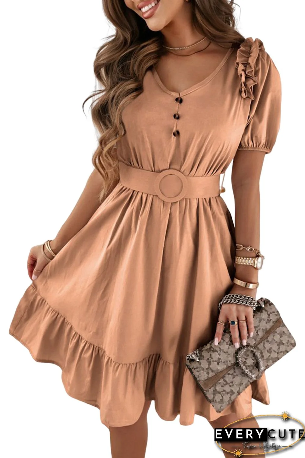 Brown V-Neck Ruffle Buttoned Midi Dress