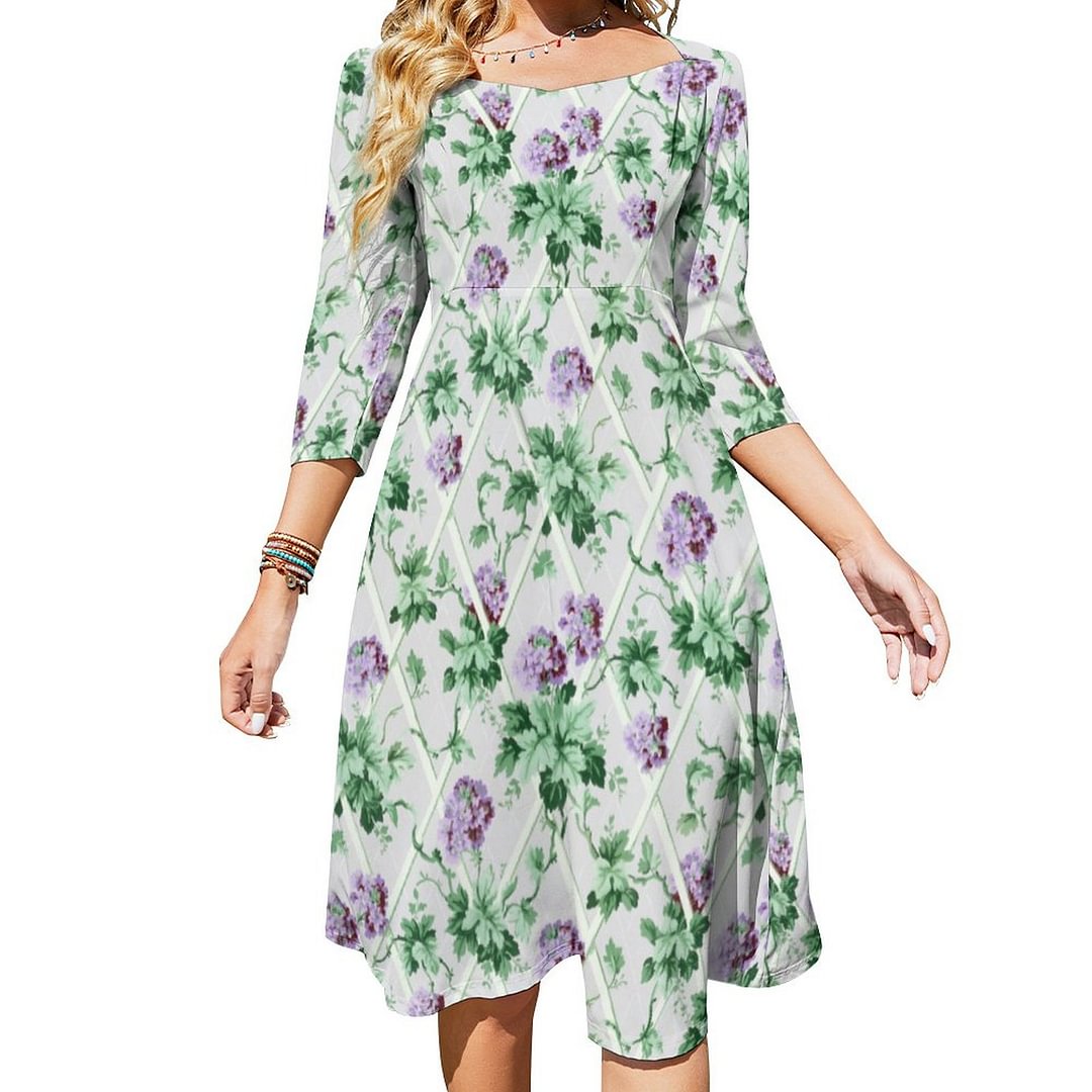 Cottage Chic Purple Hydrangeas On Trellis Dress Sweetheart Tie Back Flared 3/4 Sleeve Midi Dresses