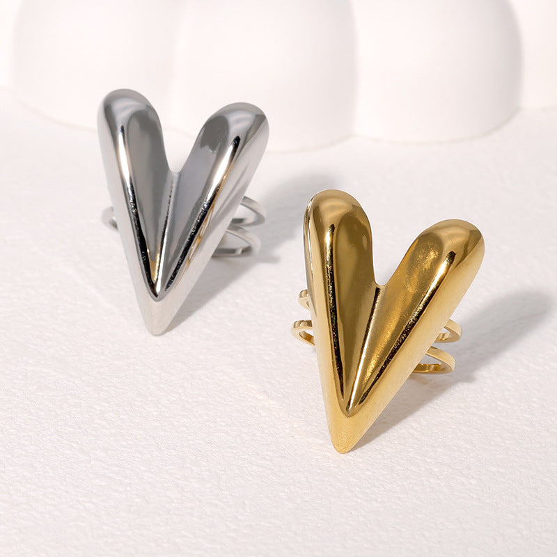 Simple And Cool Heart-Shaped Ring With Exaggerated Personality French Stainless Steel Open Ring
