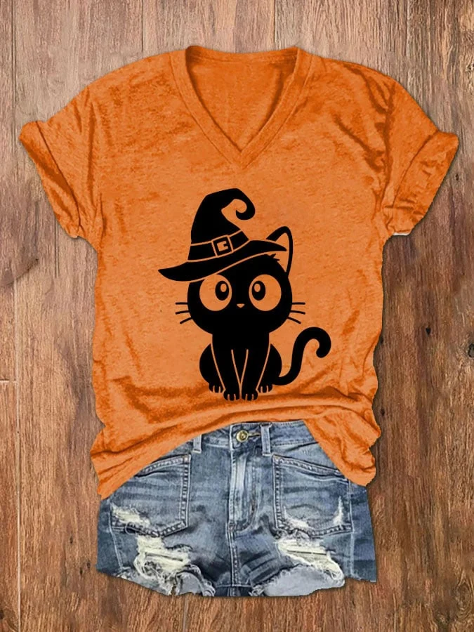 Women's Witch Black Cat Print T-Shirt
