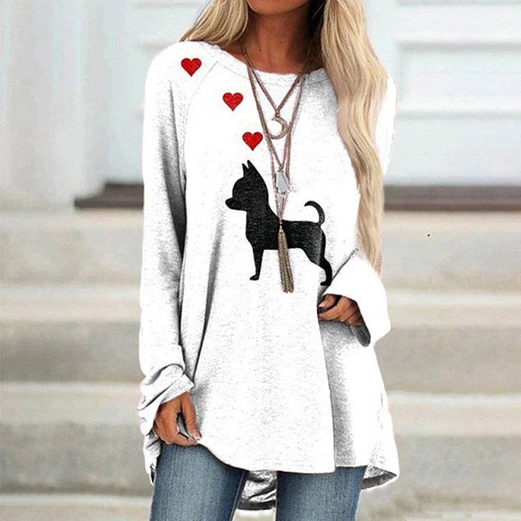 Crew Neck Long Sleeve Dog Print Casual Tunic
