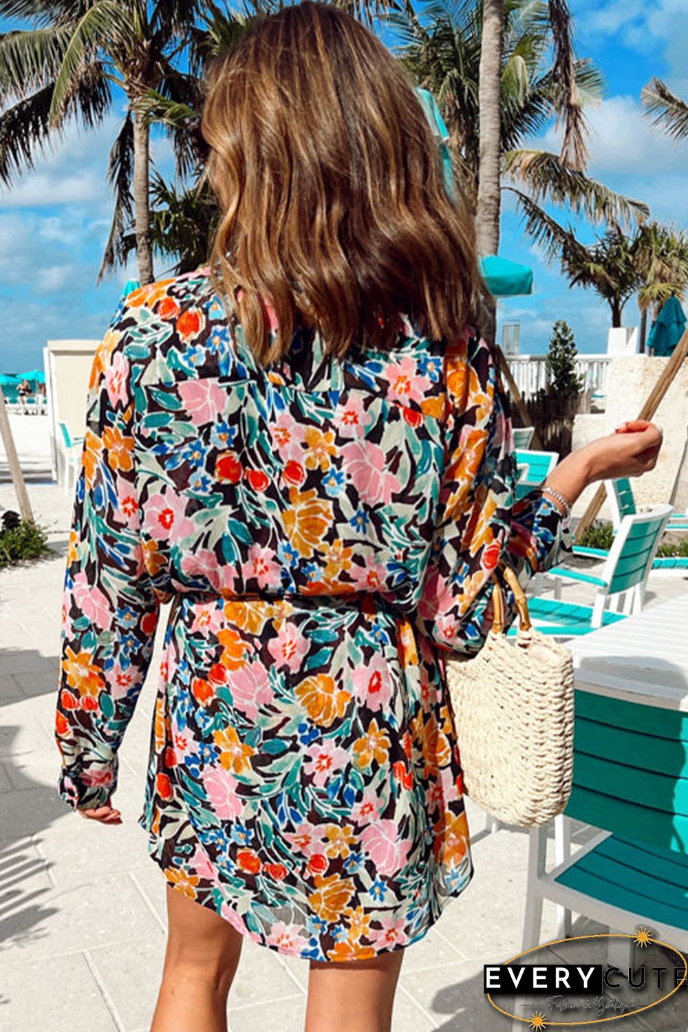 Multicolor Floral Buttoned Collared Long Sleeve Mini Dress