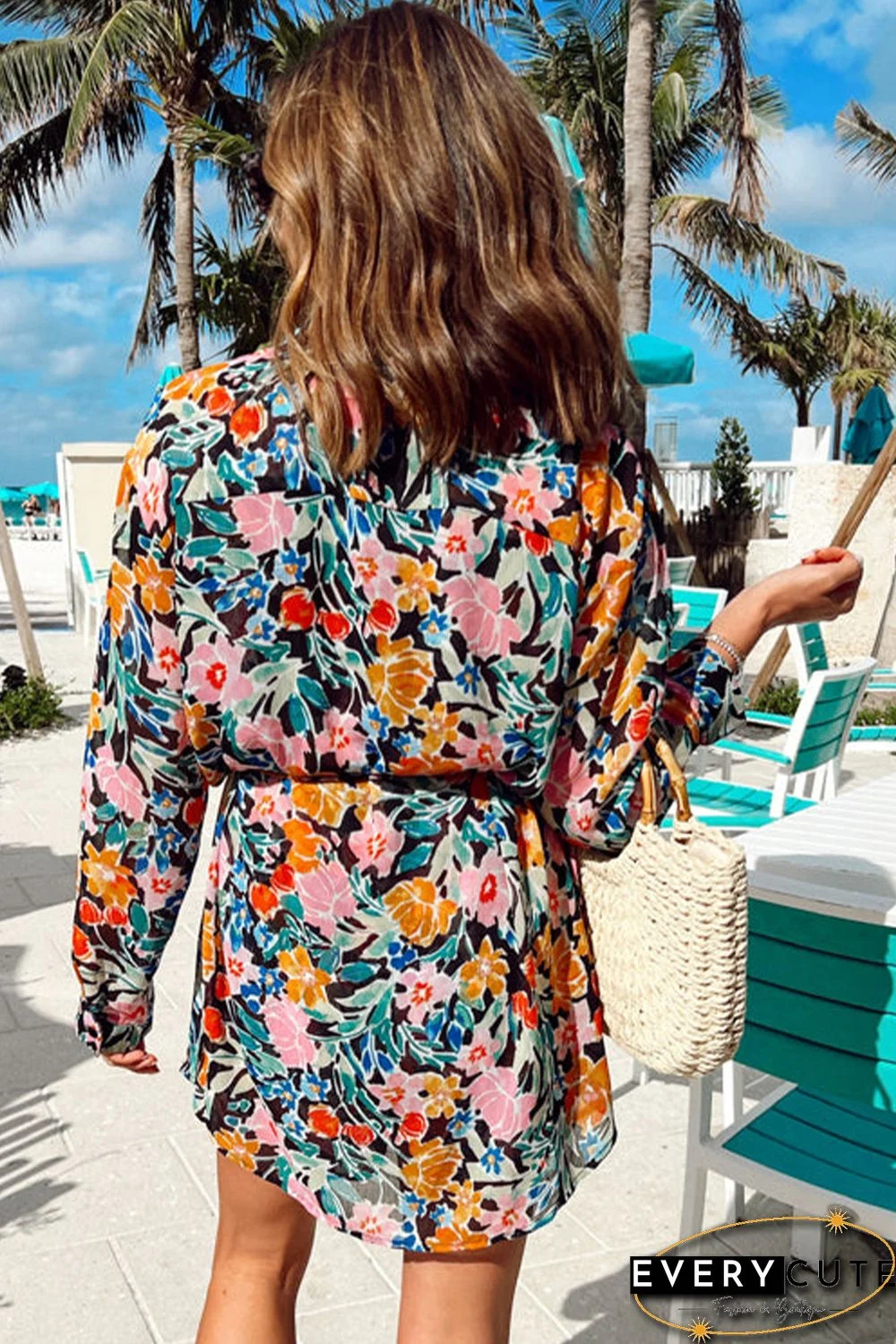 Multicolor Floral Buttoned Collared Long Sleeve Mini Dress