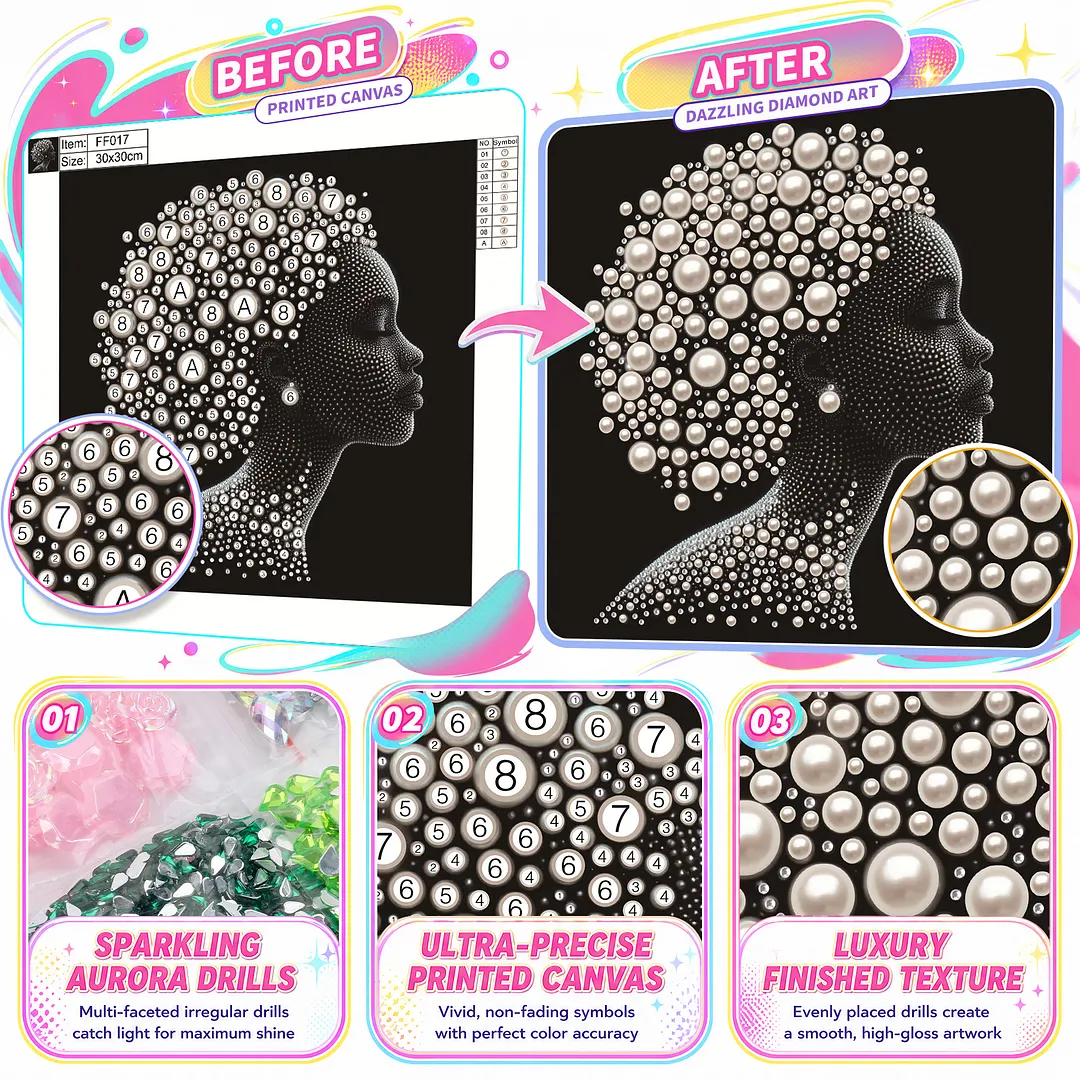 Pearl Afro Black Silhouette Special Shaped 5D DIY Partial Drill Diamond Art Kit 30x30cm Diamonds Dots Gem Art Kits for Adults Home Decor