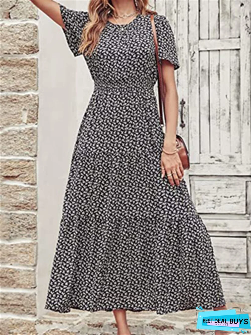 Women's Round Neck Pleated Elastic Waist Layered Short Sleeve Dress