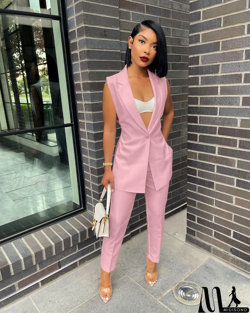 MidiSono - Solid Sleeveless Split Blazer Two Piece Sets
