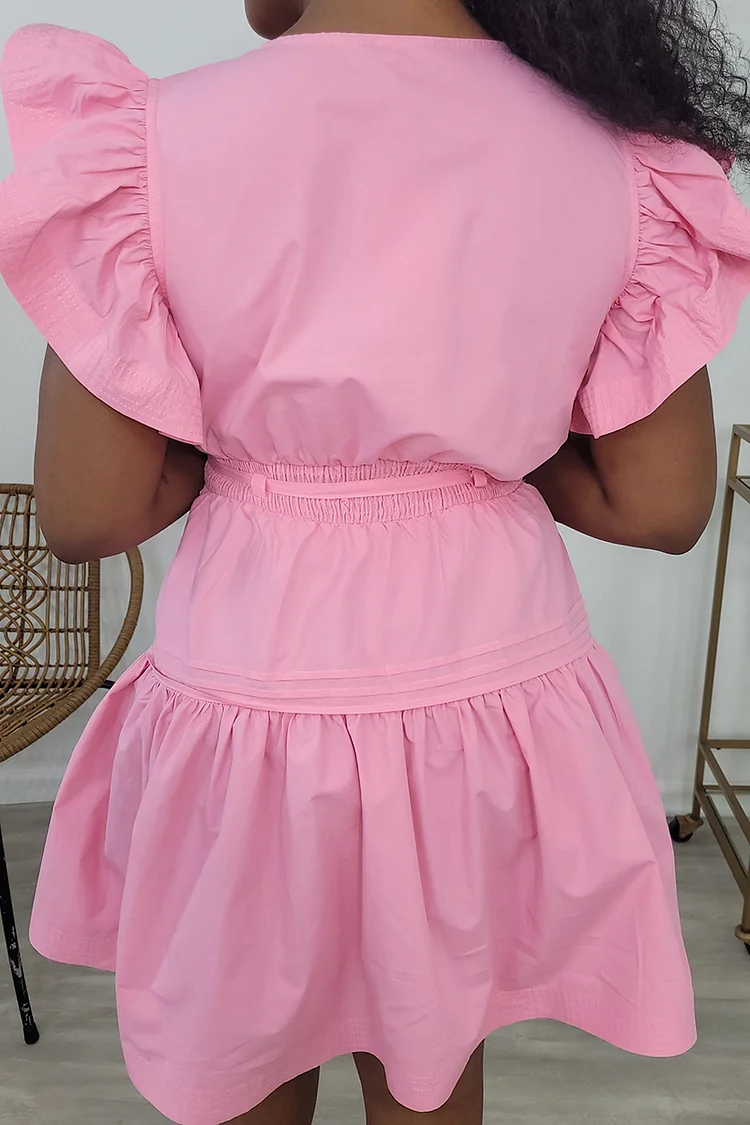 Ruffle Sleeveless Notched Neck Quilted A-Line Mini Dresses-Pink [Pre Order]
