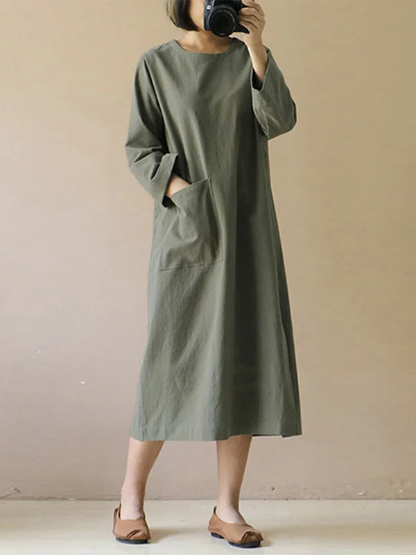 Vintage Ramie Cotton Solid Color Split-Side Long Sleeves H-Line Midi Dress