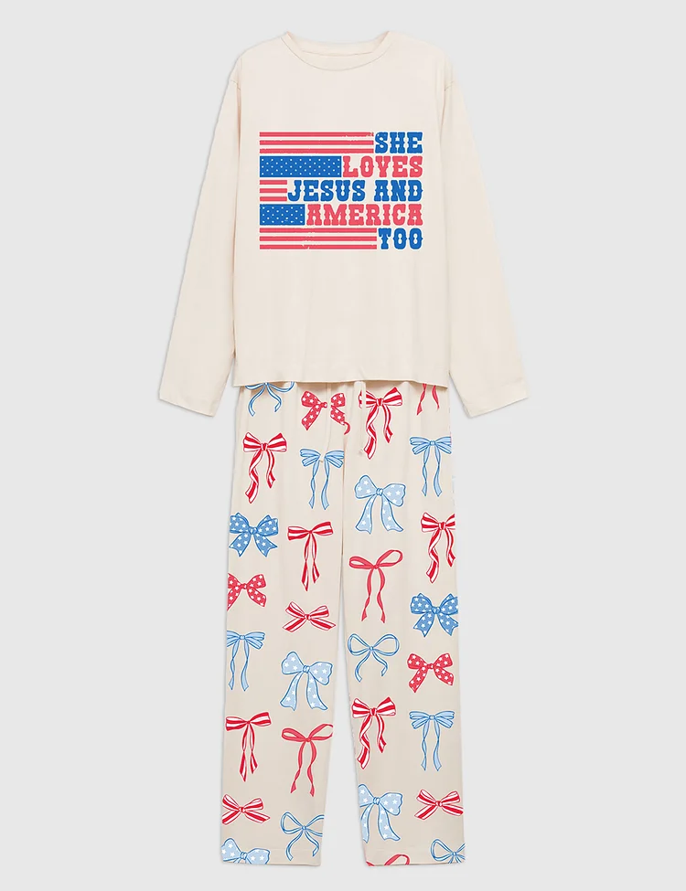 Women&rsquo;s She Loves Jesus And America Too Patriotic American Bows 4th Of July Long Sleeve Pajama Set