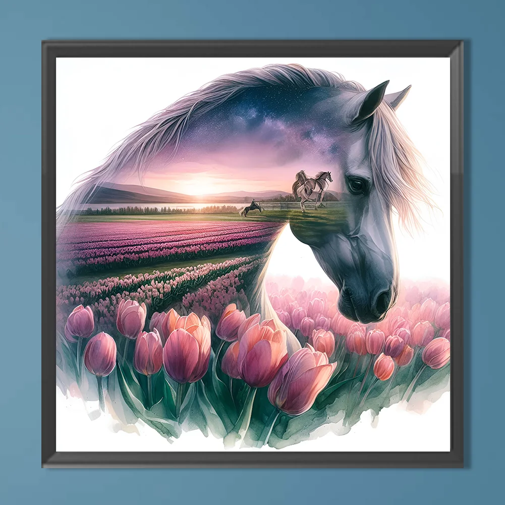Diamond Painting - Full Round Drill - Tulip Horse Silhouettes(Canvas|30*30cm)