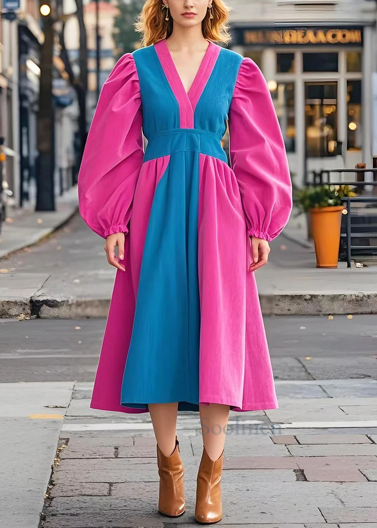 Stylish Rose V Neck Patchwork Exra Large Hem Corduroy Dress Spring