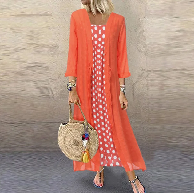 3/4 Sleeve Spaghetti Straps Polka Dot Printed Casual Two Piece Maxi Dress