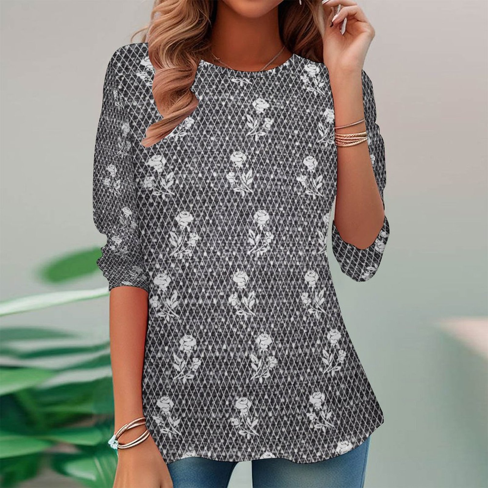 Women Long Sleeve V-neck Graphic Floral Printed Top