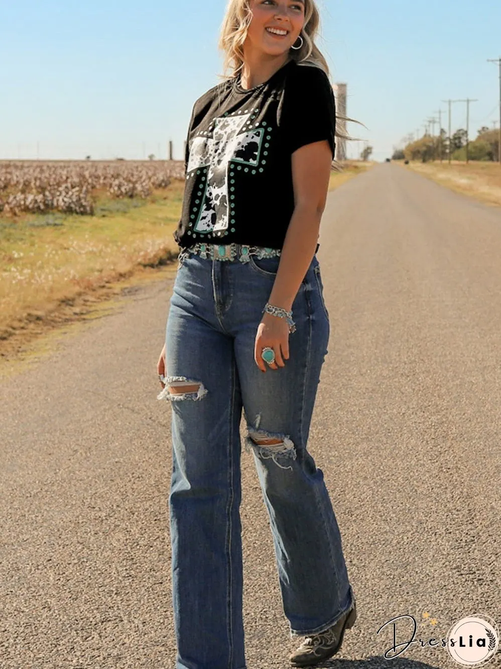 Cow Spots Cross Graphic Tee - Western Vibes