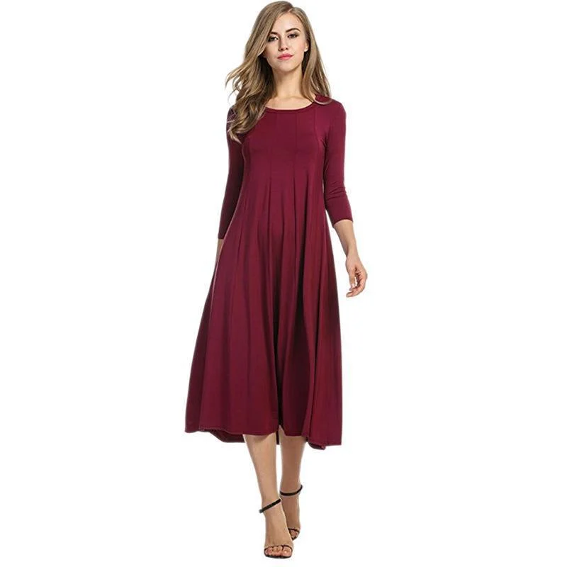 Uveng Women Round Neck Shirt Half Sleeve Solid Long Skirt Color Wide Hem Dress