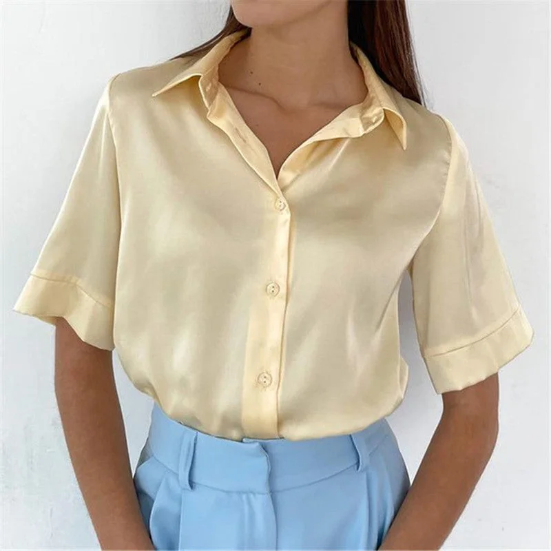 Back to school  Women 2022 Elegant Satin Solid Long Sleeve Blouses Female Chic Vintage Blue Green Casual Loose Buttons Shirts Oversize Top Tunic