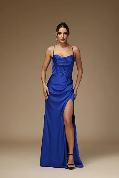 Daisda Royal Blue Satin Spaghetti Strap Sleeveless Prom Dress with Split