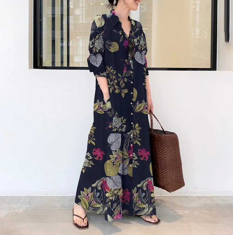 Cotton and linen printed lapel long-sleeve pocket simple loose casual long shirt dress