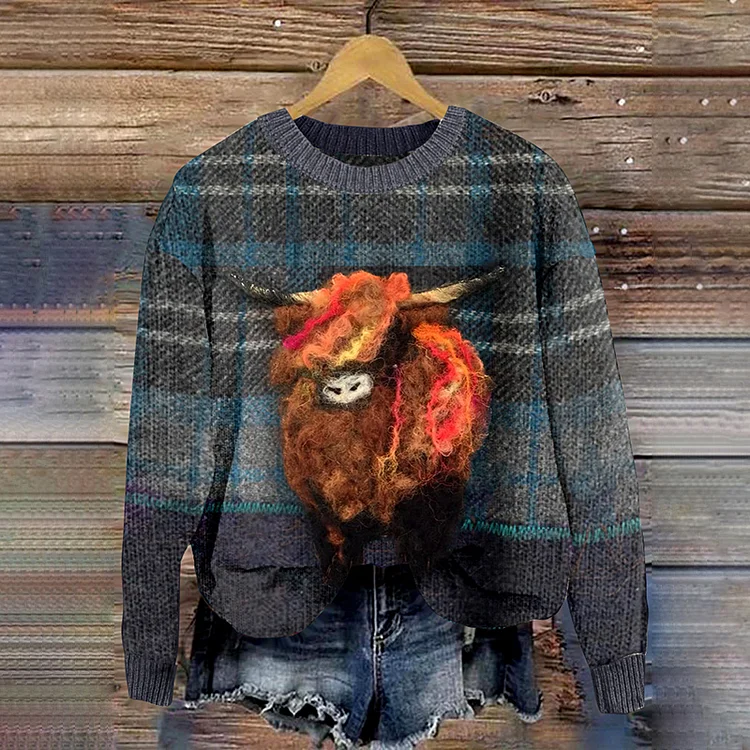 VChics Retro Blue Plaid Highland Cow Wool Felt Knitted Sweater