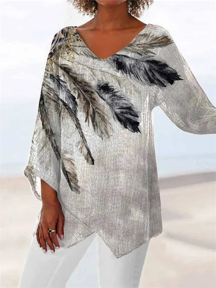 Women's New 3D Printed Natural Scenery V-neck Nine-minute Sleeve Loose Shirt